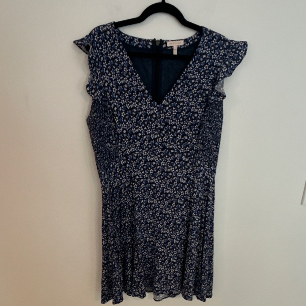 Rebecca Taylor Floral Knee‎ Length Dress Ruffle Sleeve V-Neck Blue White 14